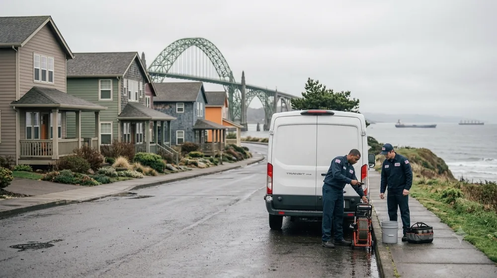 Service van on a residential street in Newport, Oregon