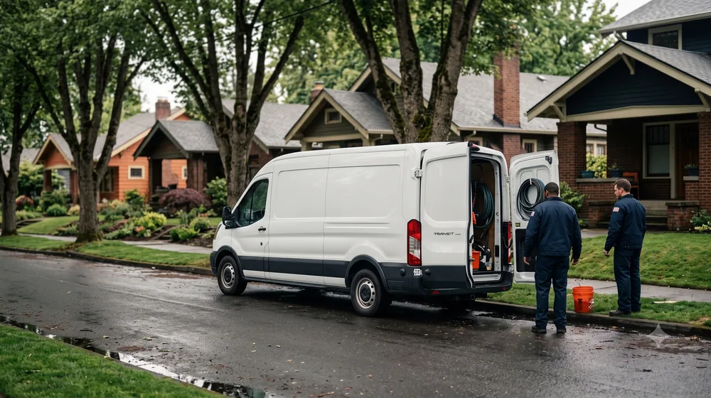 Service van on a residential street in Portland, Oregon