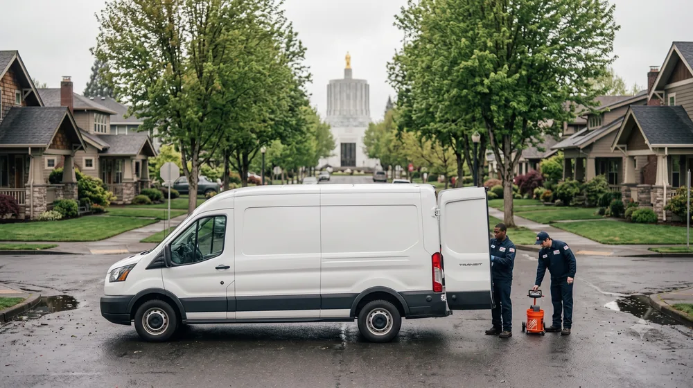 Service van on a residential street in Salem, Oregon