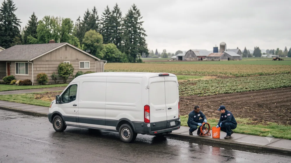 Service van on a residential street in Woodburn, Oregon