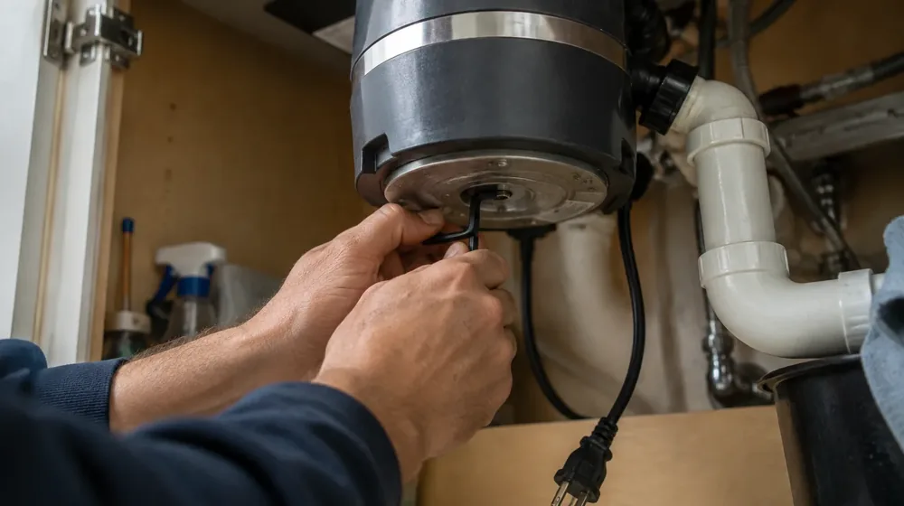 Hex wrench being used to free a jammed garbage disposal under a sink
