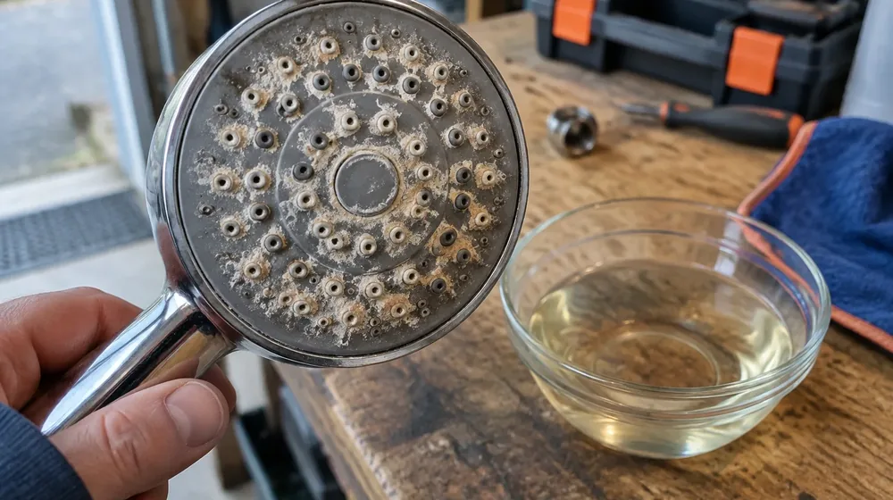 Heavy calcium scale on a shower head from hard Oregon water