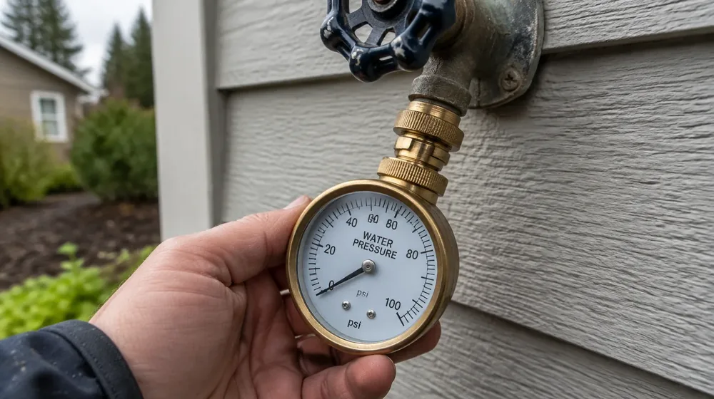Pressure gauge threaded onto an outdoor hose bib reading low