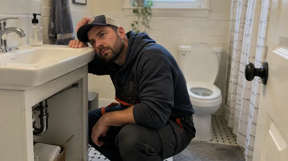 Technician listening at a bathroom sink while a toilet flushes nearby