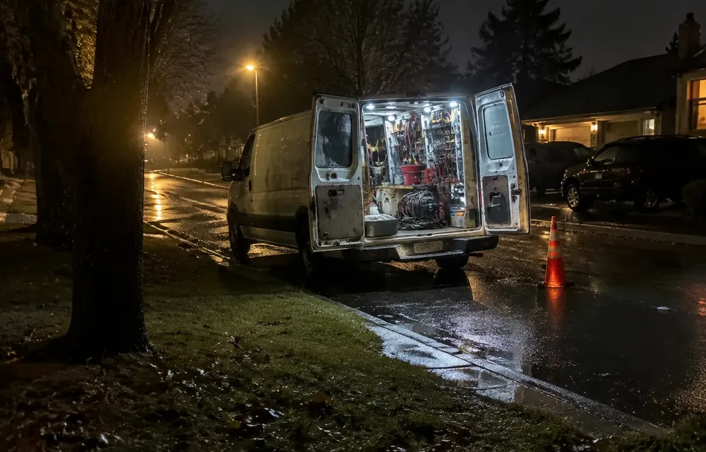 Service van with lights on responding to an after-hours sewer backup call at night