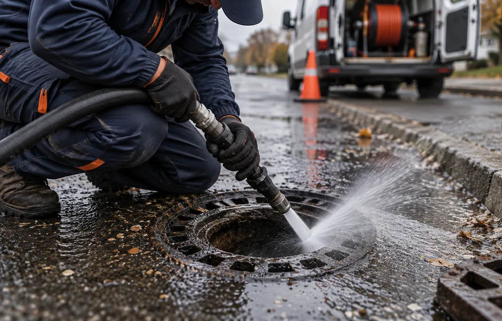 High-pressure hydro jetting nozzle spraying water inside a sewer pipe