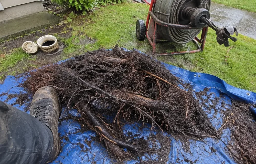 Mass of tree roots pulled from a sewer line lying on a tarp beside a cleanout